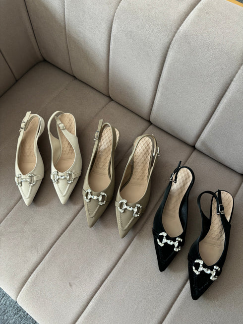 Crystal Decor Pointed Back Sling Kitten Heels